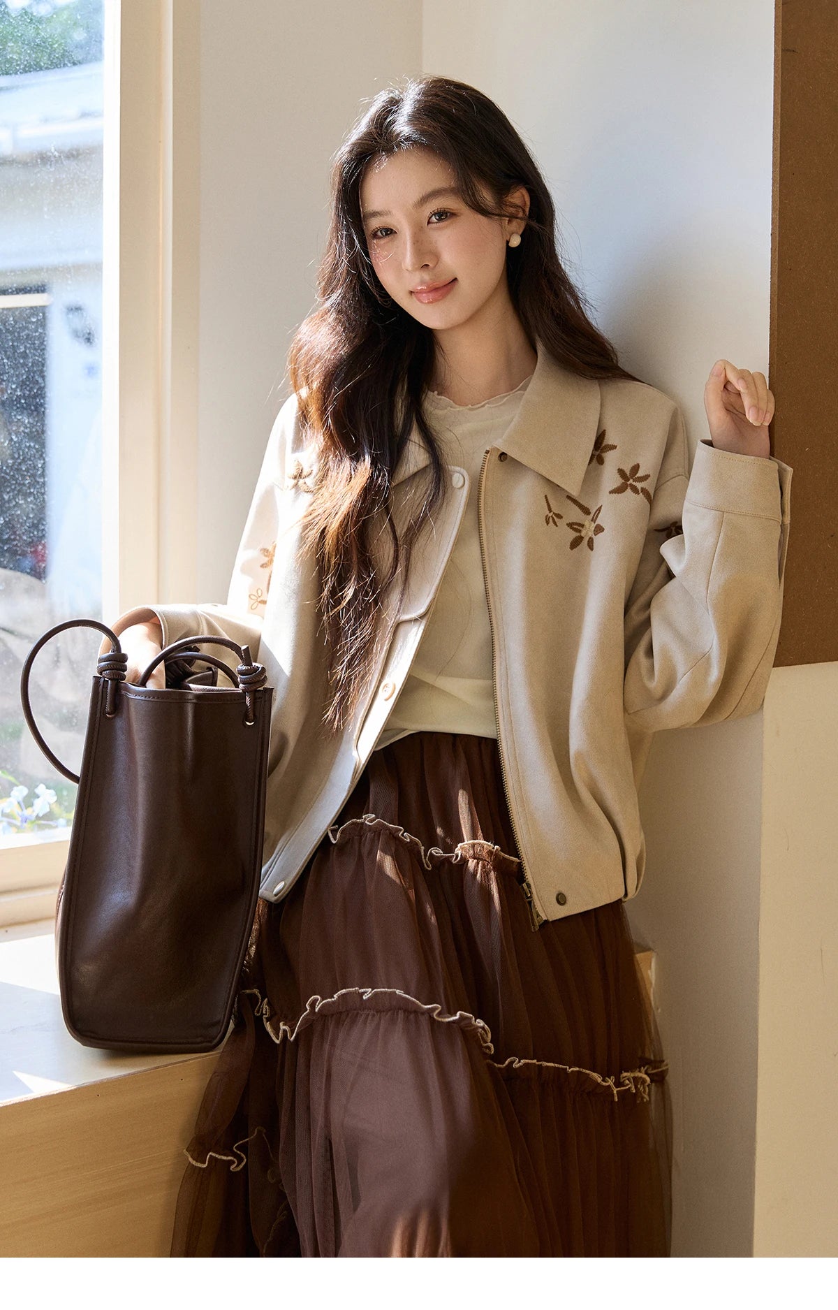 MISHOW Women's Imitation Suede Jacket2026 Spring Floral Embroidery Lapel Zipper Coats Long Sleeve Casual Outerwear MXF11W1027