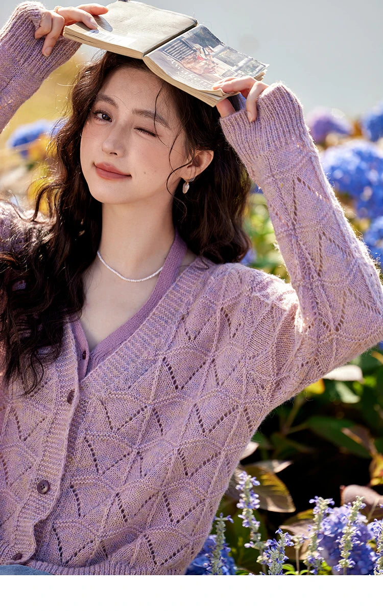 MISHOW French Knit Cardigan Women Separately 2025 Spring New Korean Casual Diamond Plaid Sweet V Neck Hollow Sweater MXE11Z1198