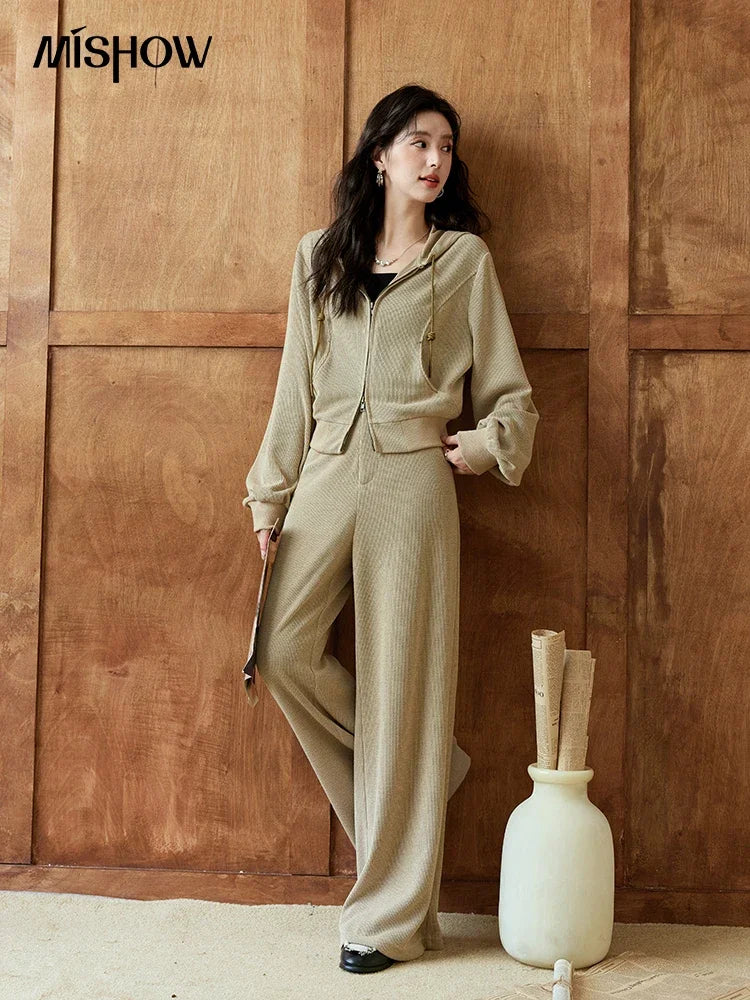MISHOW Hooded Double Zipper Sweatshirt Knitted Straight Leg Pants Separately Versatile Top Back Elastic Waist Pants MXD44Z0794