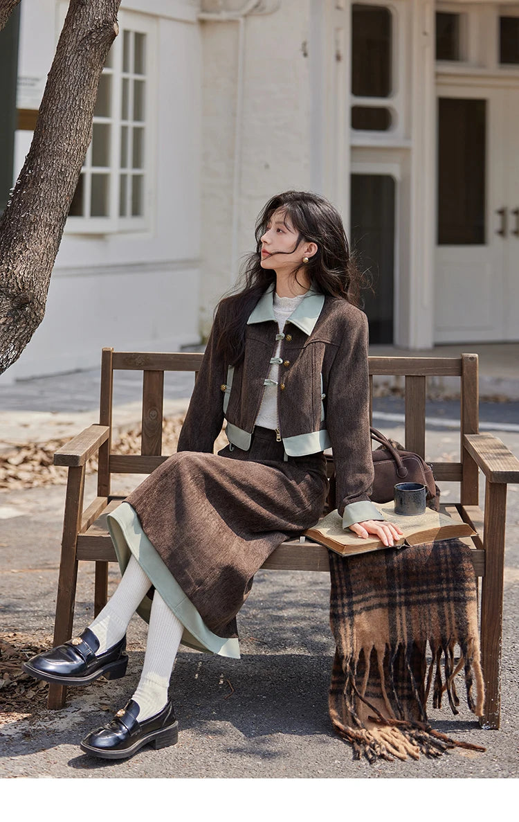 MISHOW Fragrant Jacket Rear Hem Slit Skirt Separately 2024 Winter Lapel Jackets Splicing Contrasting Leather Skirts MXD43W0444