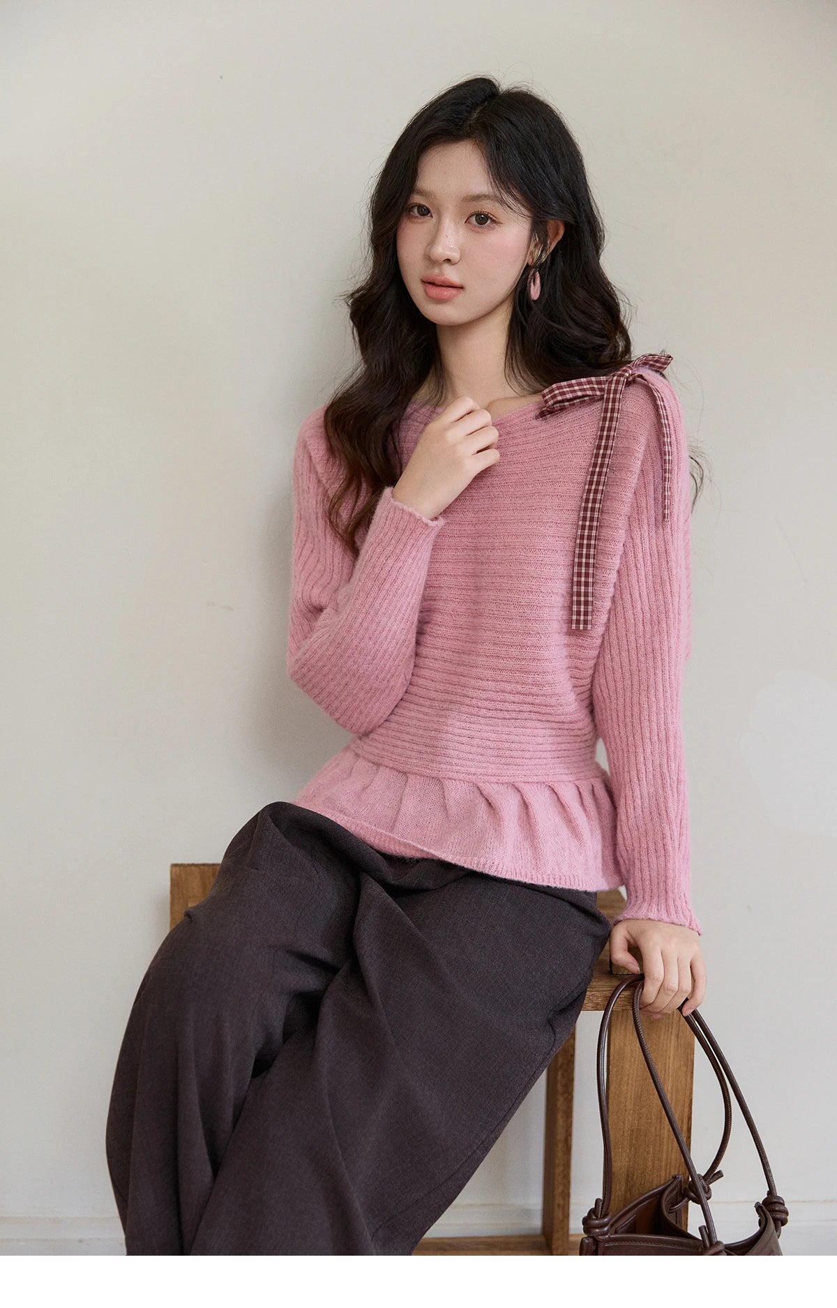 MISHOW Women's Pink Ribbed Knit Sweater 2026 Spring Plaid Bow Decor Peplum Hem Long Sleeve Casual Slim Pullover Tops MXF11Z3016