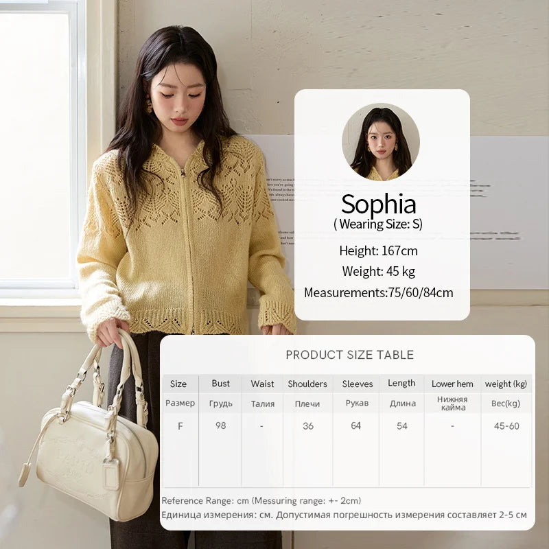 MISHOW Yellow Hollow Out Cardigan Women 2025 Autumn Winter New Hooded Zipper Sweater Loose Casual Bottoming Tops MXE46Z2584