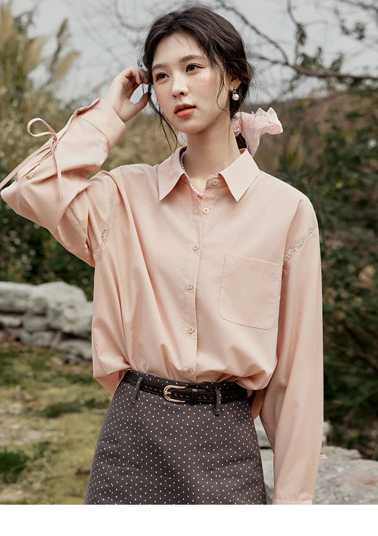 MISHOW Pink Long Sleeve Shirt for Women Spring 2025 Korean Splicing Lace Bow Tie Shirt Polo-neck Solid Versatile Tops MXE16C0767