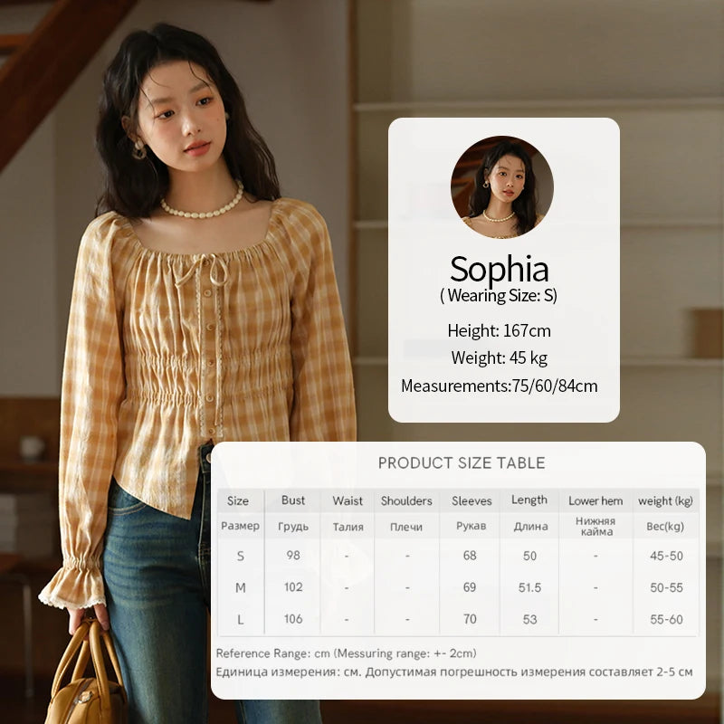 MISHOW Yellow Plaid Blouse for Women 2025 Autumn Korean Waist Square Neck Top Cuff Patchwork Lace Puff Sleeve Blouses MXE43X1986