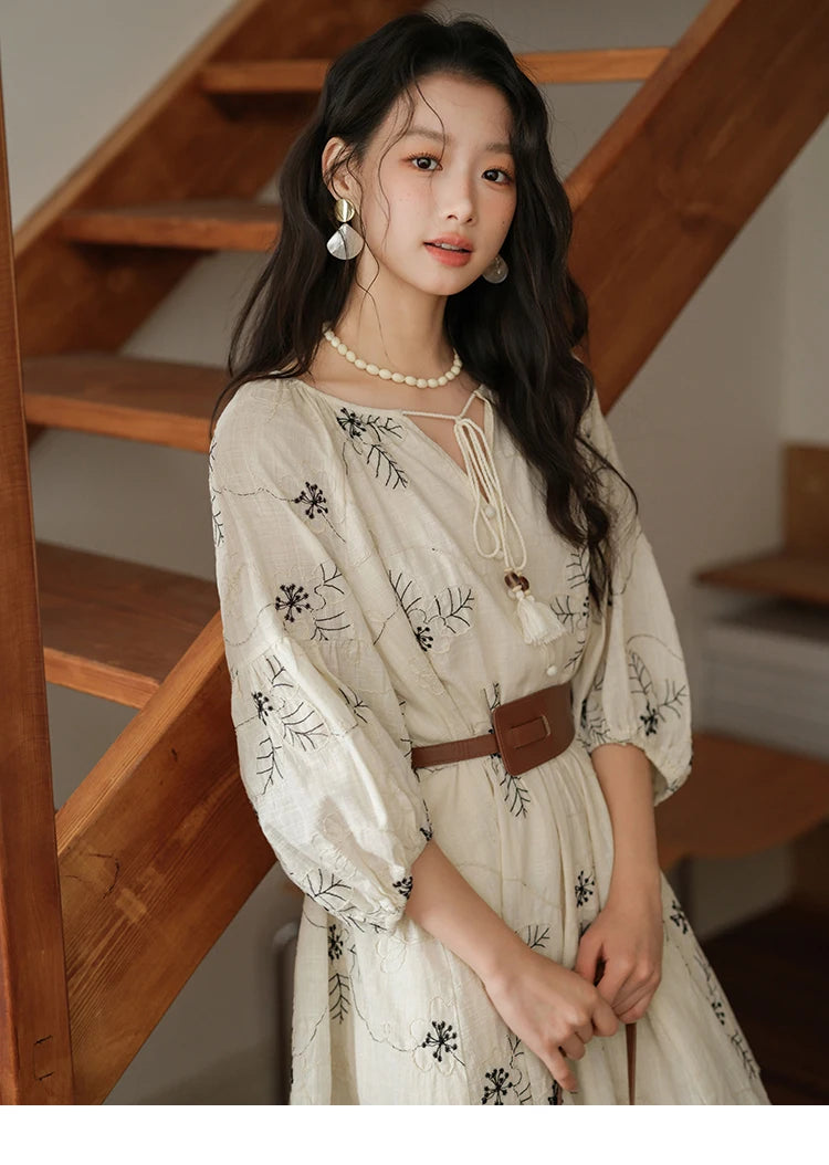 MISHOW Embroidered Doll Dress 2025 Seven Cent Lantern Sleeve Dress O-neck Tassel Lace-up Cotton Dress with Waist Belt MXE41L2480