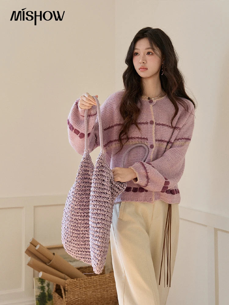 MISHOW Women's Lilac Knit Cardigan 2026 Spring Striped Dot Pattern Crew Neck Tops Single Breasted Warm Loose Sweater MXF11Z2897
