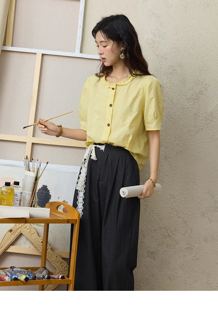 MISHOW 100% Cotton Women's Puff Sleeve Shirt 2025 Summer New Fashion Round Neck Button Top Casual Female Clothing MXE36X1873