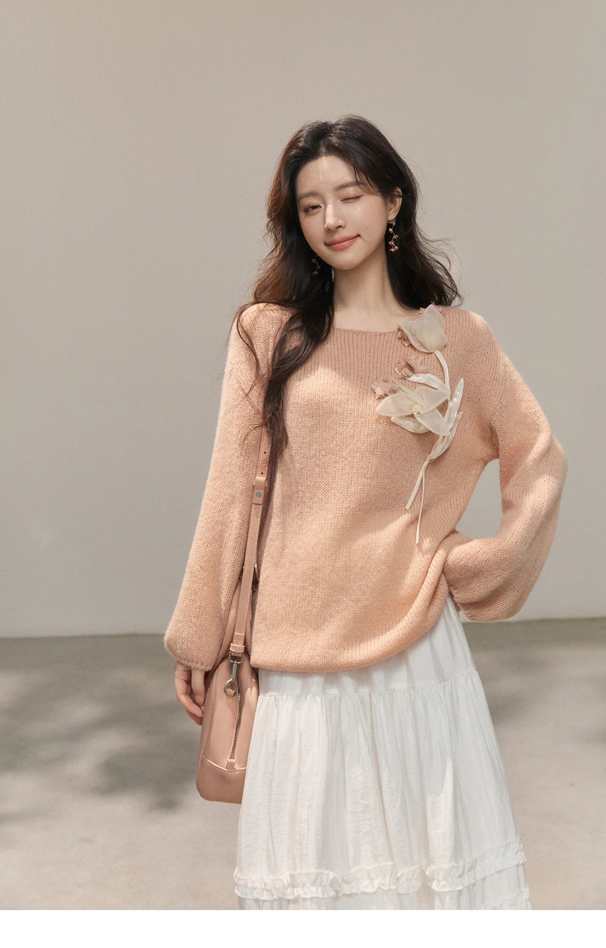 MISHOW 3D Floral Applique Crew Neck Knit Thin Sweater 2026 Spring Loose Casual Elegant Top Soft Pinkish Beige Sweater MXE47Z2649