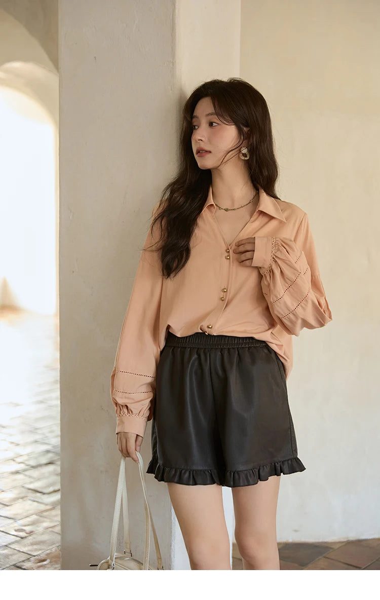 MISHOW Women's Shirt Lantern Sleeve Hollow Out Tops 2025 Autumn Single Breasted Solid Shirts Lapel Shirt Office Lady MXE41C2359