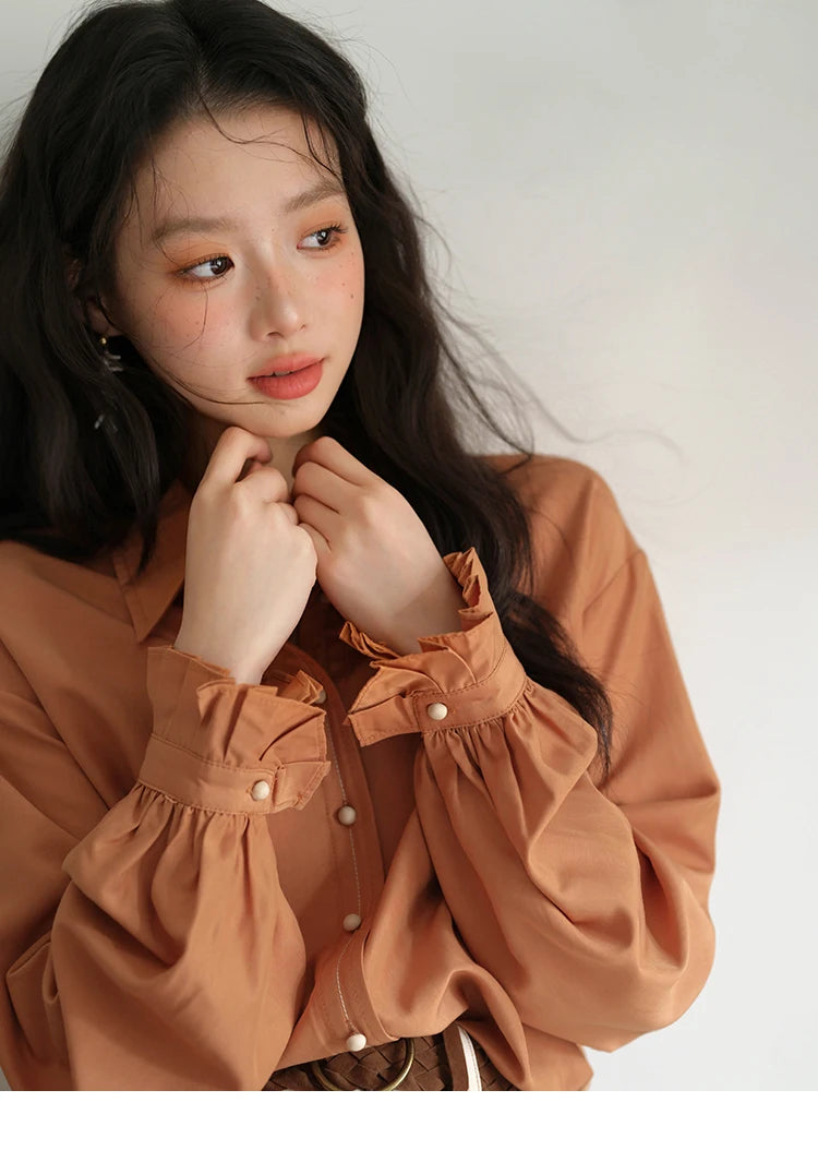 MISHOW Women's Shirts 2025 Autumn Color Blocking Buttons Pleated Cuffs Loose Top Female Solid Lapel Commuting Shirts MXE41C2352