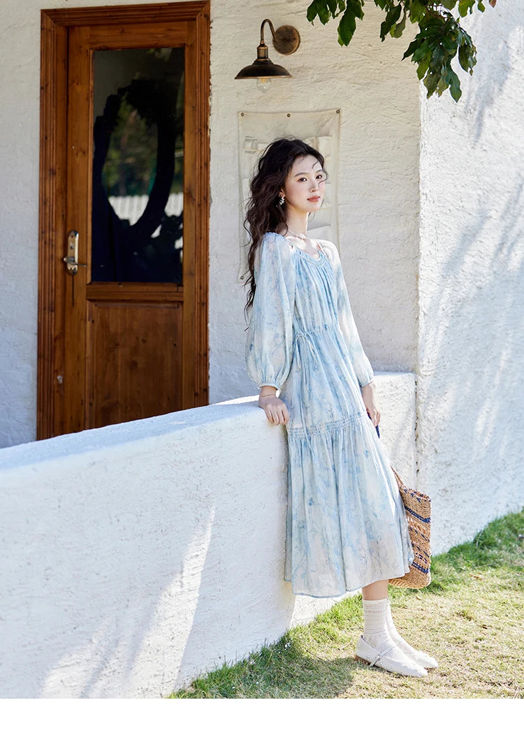 MISHOW Printed Blue Blending Chiffon Vacation Dress Spring 2025 Drawstring Waist Long Dress Lantern Sleeve Dresses MXE16L2114