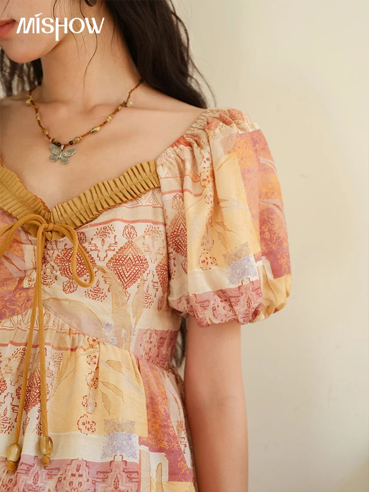 MISHOW V-neck Lace Up Patchwork Blouses for Woman 2025 Summer New Ladies Puff Sleeve Print Loose Top Female Clothing MXE38X1911