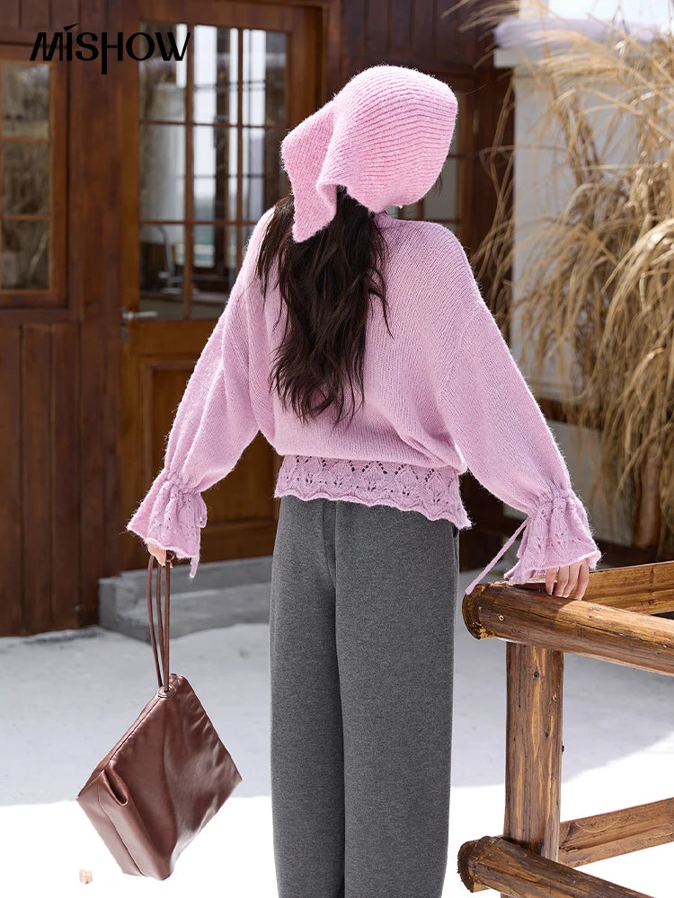 MISHOW Elegant Cardigan Women 2025 Autumn Design Hollow Knit Sweater V-neck Flared Sleeves Loose Casual Sweater MXE47Z2513