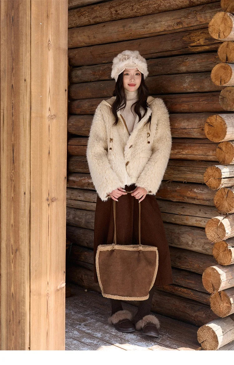 MISHOW Winter Jacket Women 2025 Fashion Beige Knitted Hooded Plush Coat Casual Commute Warm Windproof Short Coat MXE86W0908