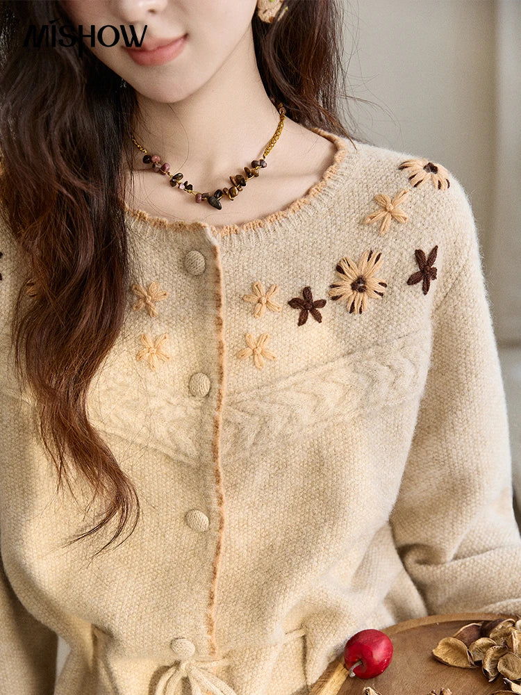 MISHOW Women's Apricot Hand-Embroidered Cardigan 2025 Winter Wool Blend Sweater Waist Tie Crochet Thick Warm Knitwear MXE87Z2702