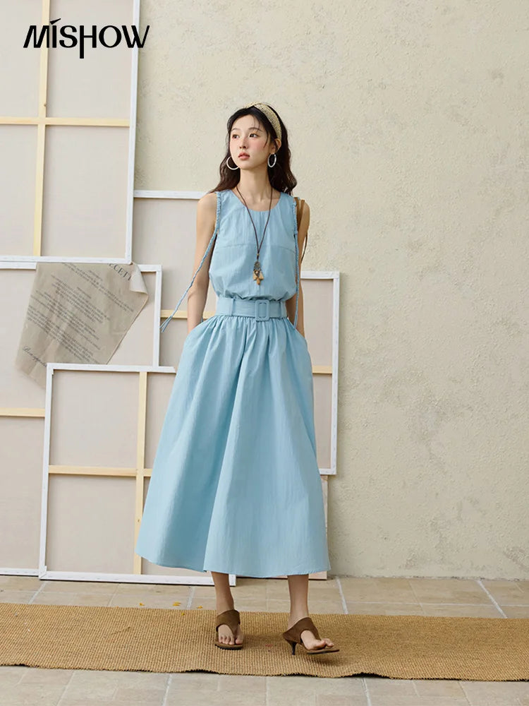 MISHOW Women's Vest Dress 2025 Summer Hand Woven Fried Dough Twists Waist Belt Slim Long Dress A-line Vacation Dress MXE34L2223