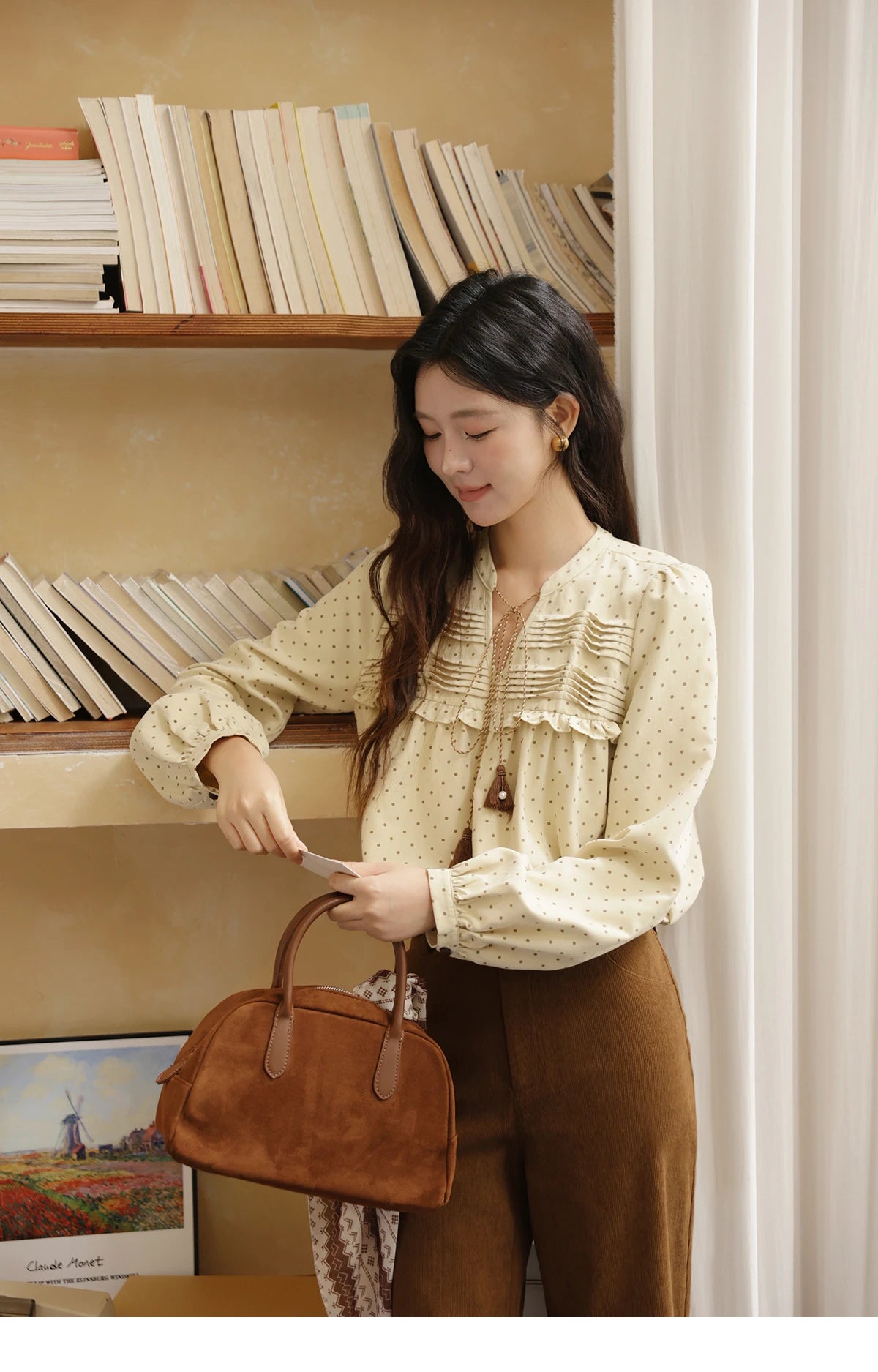 MISHOW Women's Polka Dot Ruffled Shirt 2025 Autumn Vintage Tie Tassel Round Neck Long-Sleeve Top Loose Casual Blouse MXE45X2477