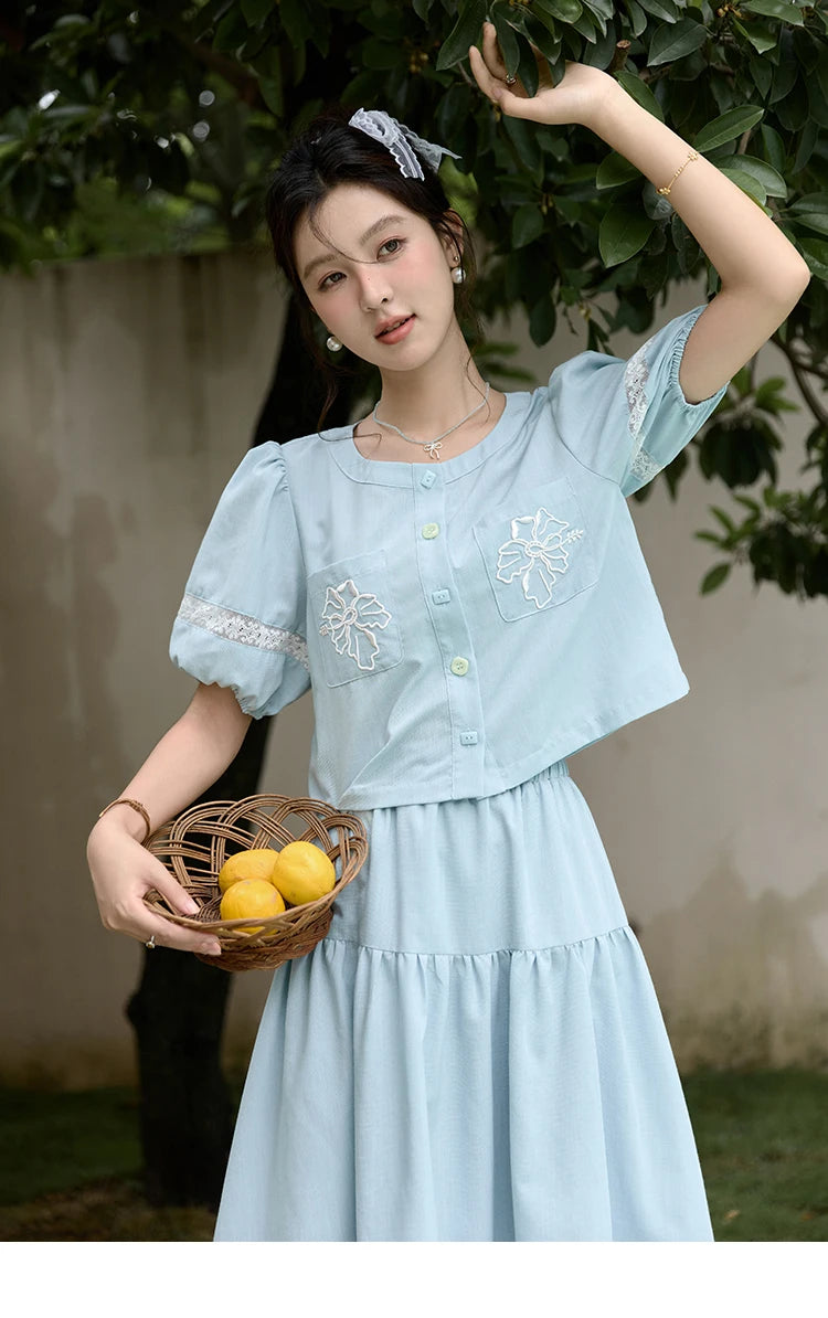 MISHOW Blue Pocket Patchwork Lace Shirt Elastic Waist Skirt Separately 2024 Summer Korean Round Neck Top Sweet Skirts MPD22B0450