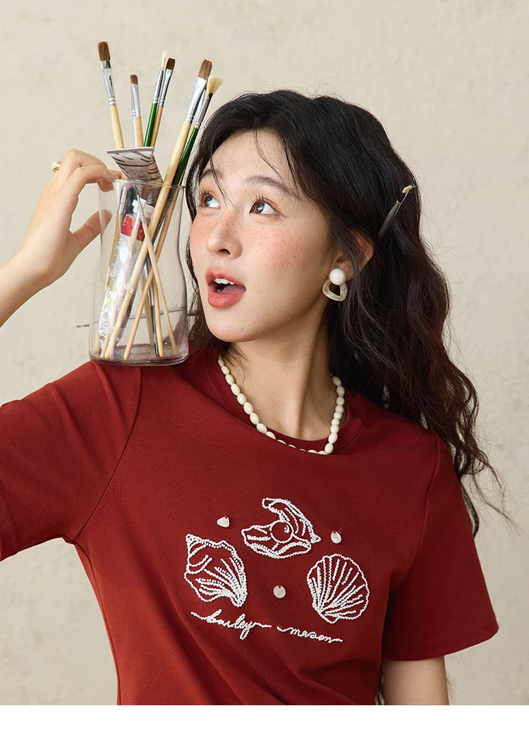 MISHOW Women's Shell Embroidered T-shirt 2025 Summer Short Sleeve Cotton Blend Tops Loose Slim Round Neck Casual Tees MXE34T0570