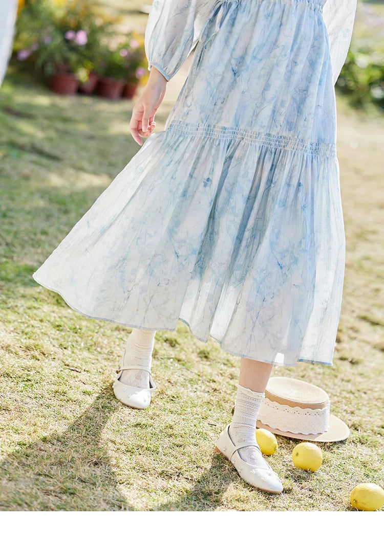 MISHOW Printed Blue Blending Chiffon Vacation Dress Spring 2025 Drawstring Waist Long Dress Lantern Sleeve Dresses MXE16L2114