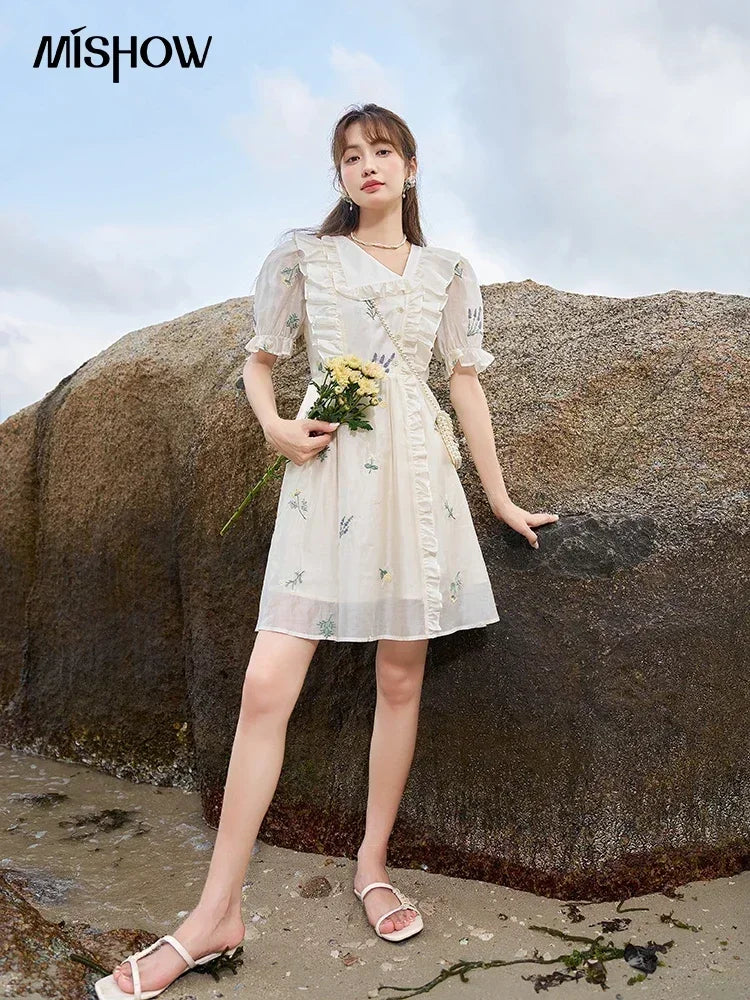 MISHOW Elegant Fairycore Embroidery Flower Dresses 2025 Summer A-line Flare Sleeve Ruffles Sweet Knee-Length Dresses MXC38L1518