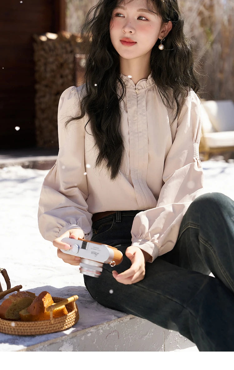 MISHOW French Autumn Winter Button Up Lantern Long Sleeve Shirts Women Ruffle Neck Thick Warm Blouse Flannel Shirt MXC56X1320