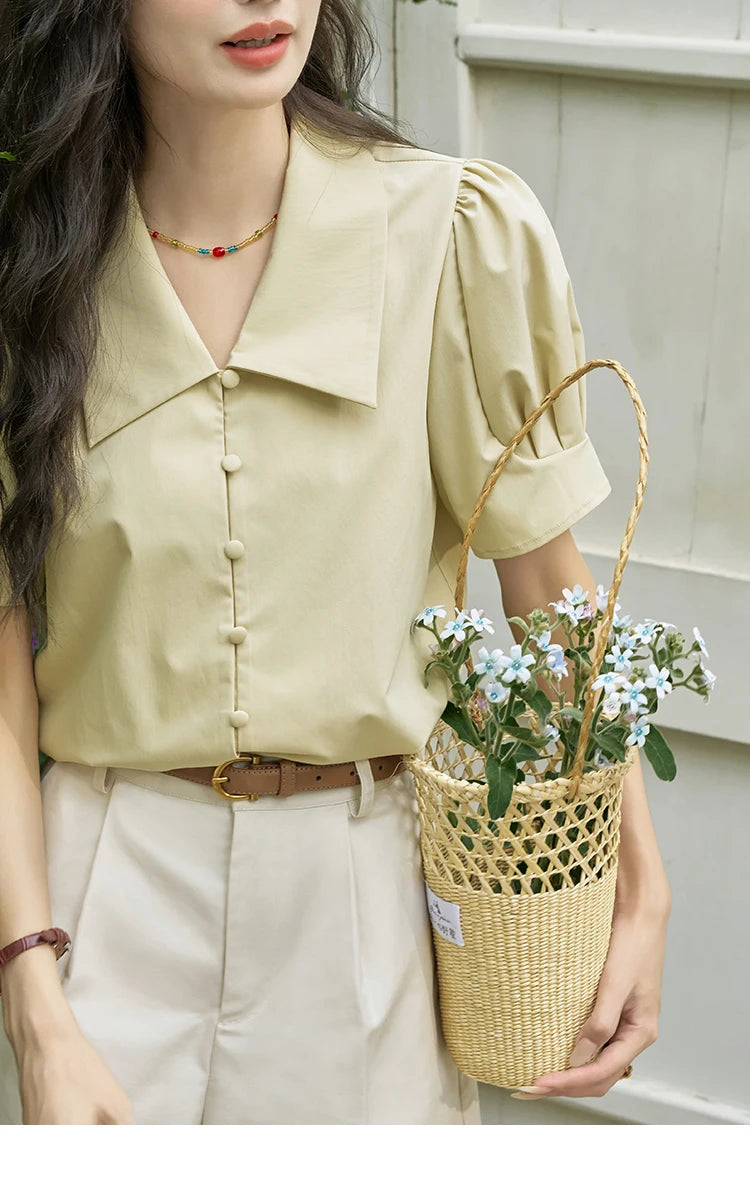 MISHOW Bubble Sleeve V-neck Commuting Shirts for Women 2025 Summer Retro Lapel Neck Short Sleeve Loose Solid Tops MXD28X1471