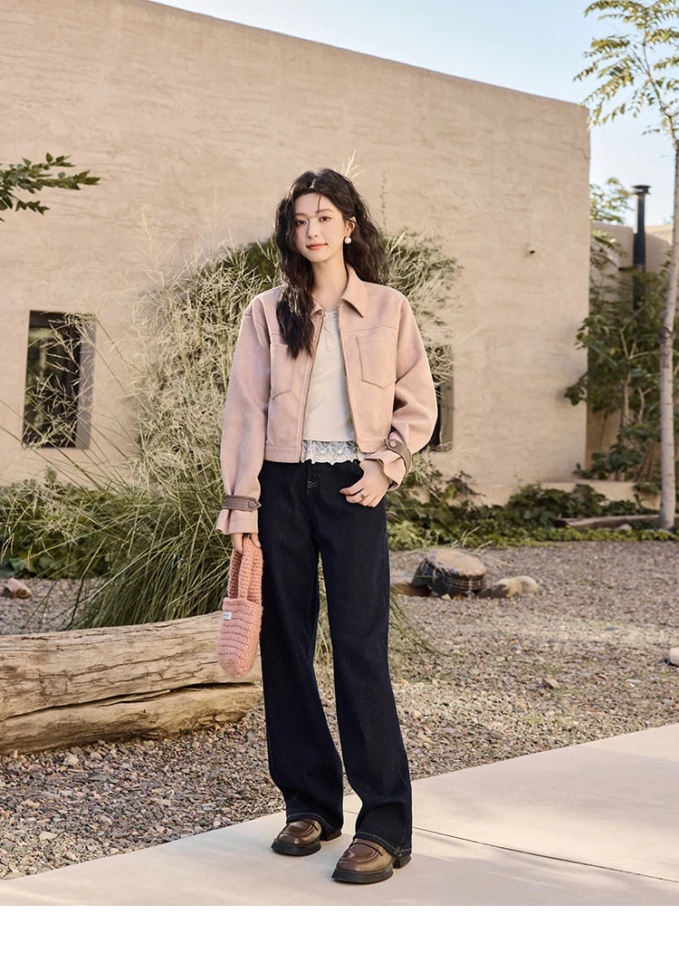 MISHOW Suede Symmetric Pocket Jacket American Vintage Zipper Short Outwear 2024 Winter Sweet Slim Lapel French Jacket MXD48W0478