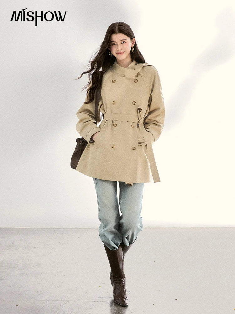 MISHOW Women's Double-Breasted Trench Coat 2026 Spring Belted Lapel Trench Long Sleeve Casual Mid-Length Outerwear MXF11W1031