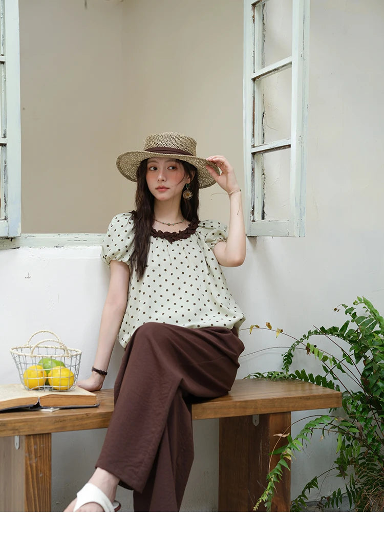 MISHOW 2025 Summer Women's Two Piece Set Polka Dot Puff Sleeve Top Casual Pocket Wide Leg Pants Set Female Clothing MXE39T0657