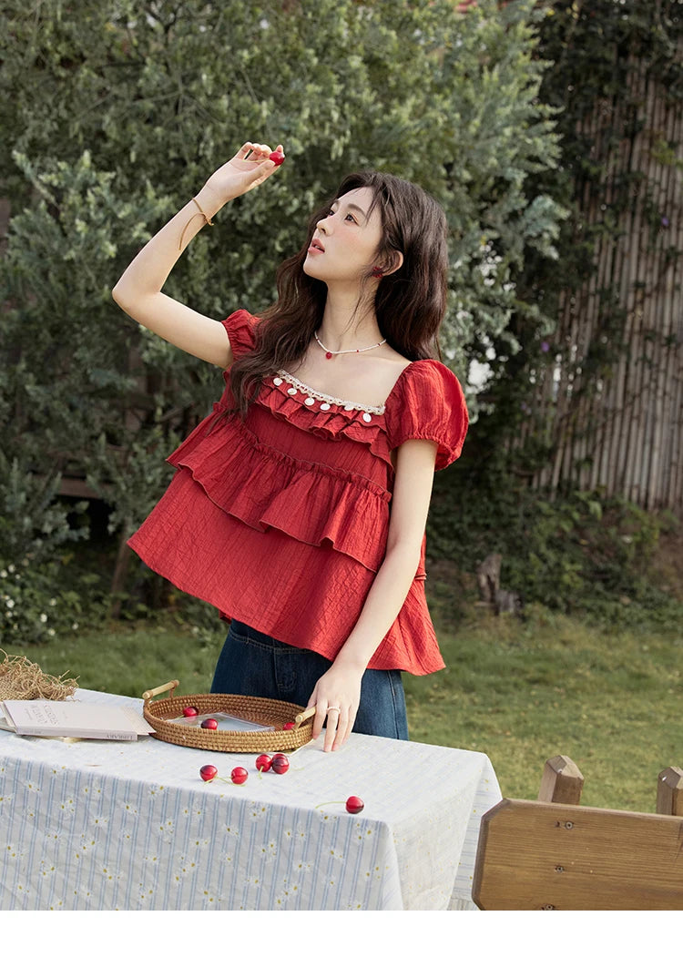 MISHOW French Summer Blouse Women New 2025 Short Sleeve Square Collar Cake Ribbon Shirts Female Fashion Slimming Tops MXE33X1763