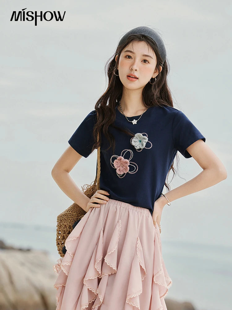 MISHOW Casual Summer Print T-shirts Women New 2025 Short Sleeve Round Neck Flower Beaded Shirts Female Fashion Tops MXE33T0499