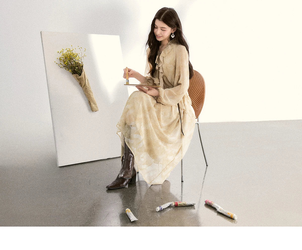 MISHOW Light Yellow Chiffon Maxi Dress 2026 Spring V-Neck Ruffled Belted Floral Print Casual Long Sleeve Dresses MXF11L2554