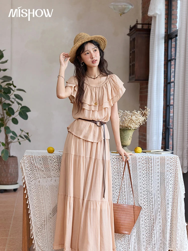 MISHOW Women Fashion Two-Piece Set 2025 Summer Loose Lotus Leaf Edge Off Shoulder Top Elastic Waist Skirt Ladies Set MXE36T0637