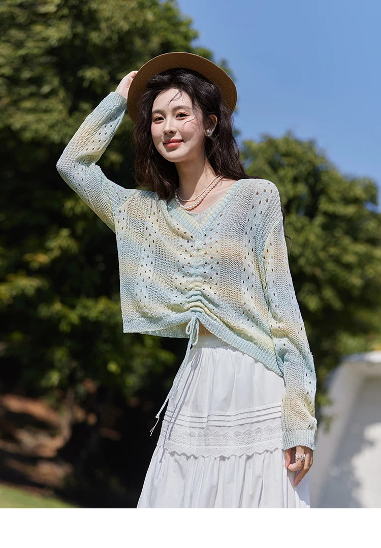 MISHOW Gradient Blue Green Knitted Sweater Women 2025 Autumn Long Sleeve V-neck Drawstring Tops New Fashion Sweaters MXE16Z1171