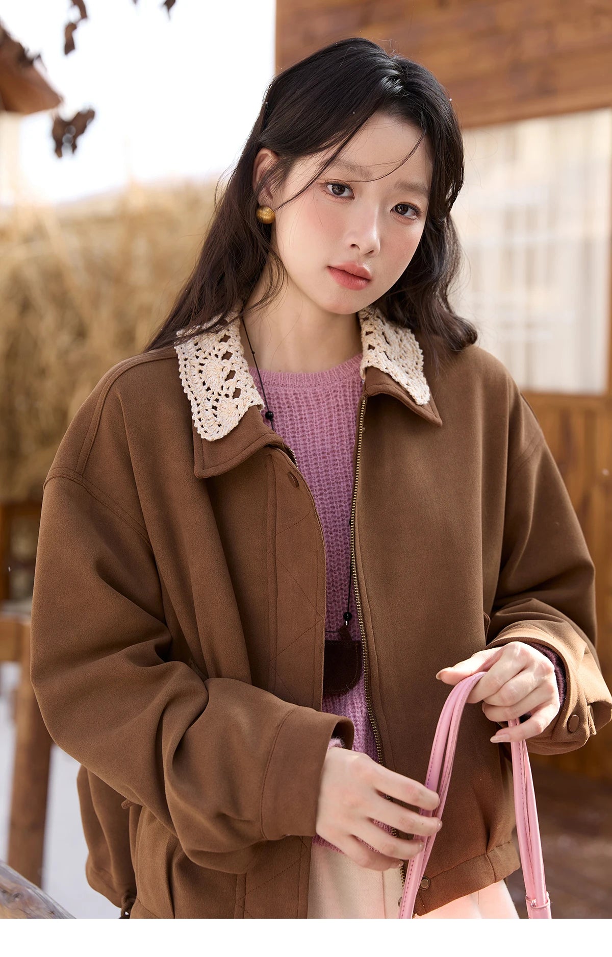 MISHOW Brown Jacket for Women 2025 Autumn Winter Retro Detachable Lace Collar Drawstring Hem Jacket  Women's Clothing MXE45W0846