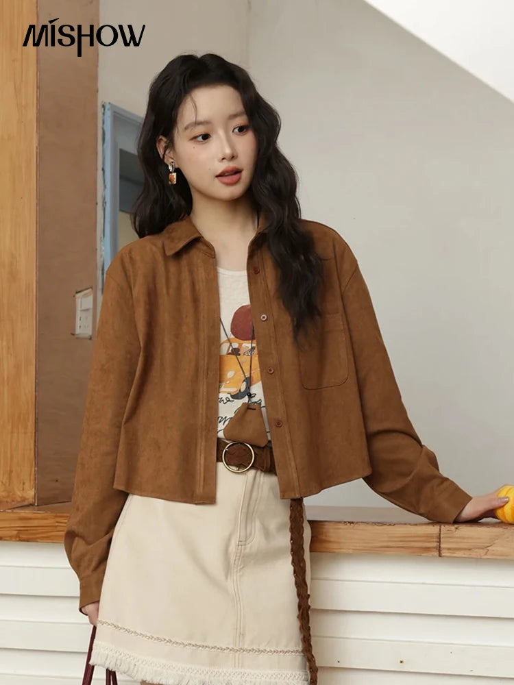 MISHOW Autumn Women's Jacket Retro Turn Down Collar Short Jacket Dropped Patch Pocket Casual Outerwear with Pendant MXE45C2413