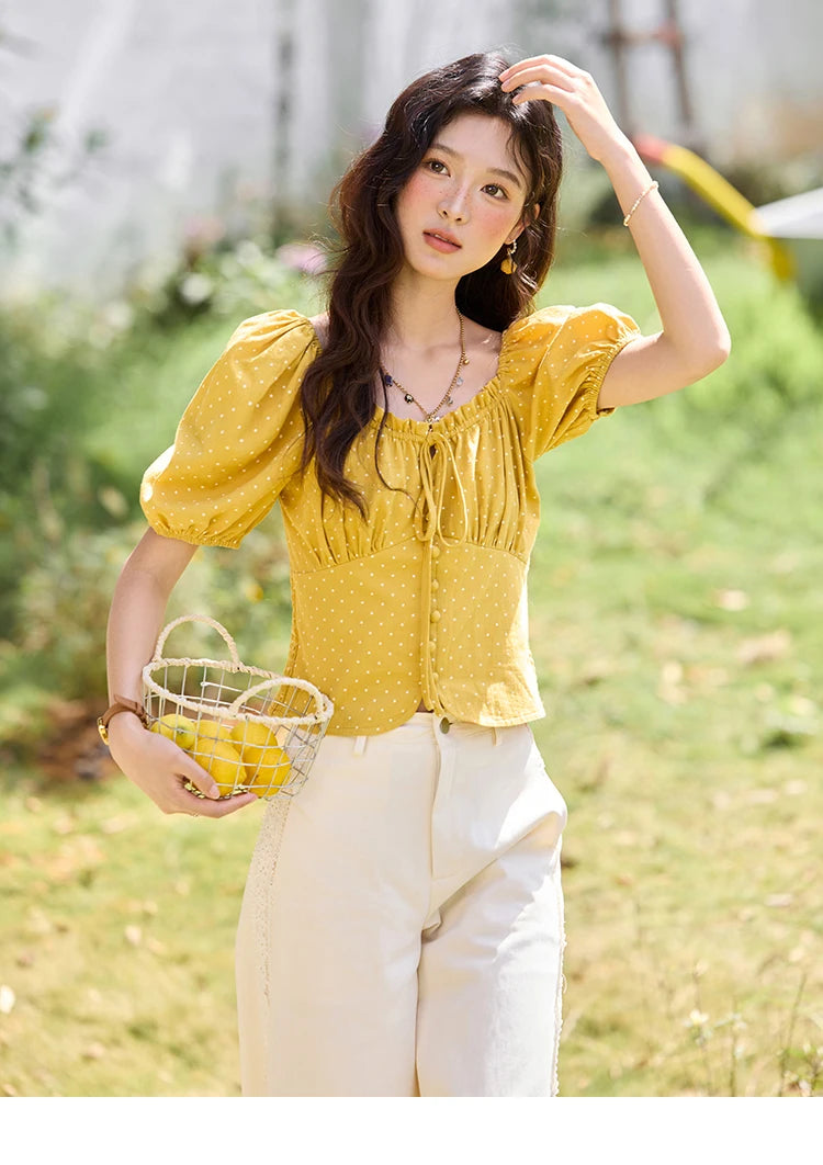 MISHOW Yellow Polka Dot One Shoulder Blouses for Women Summer 2025 Back Elastic Vintage 100 Cotton Top Lace-up Blouse MXE35X1840