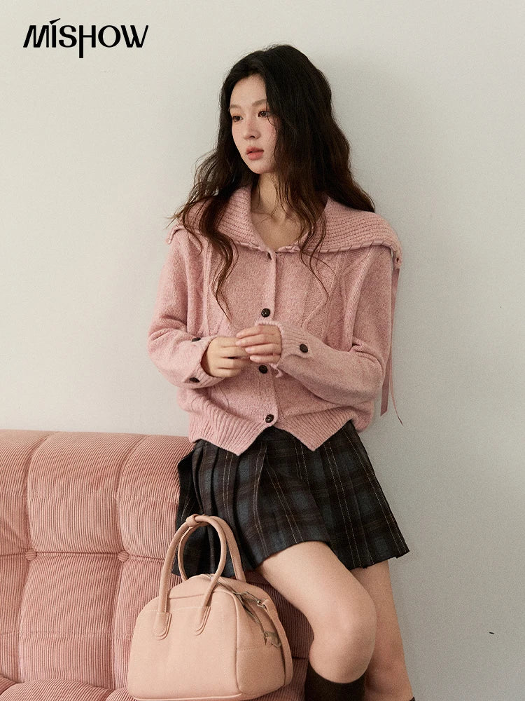 MISHOW Elegant Cardigan Women 2025 Fashion Large Turn-down Collar Long Sleeves Knit Cardigan Loose Autumn Cardigan MXE89Z2636