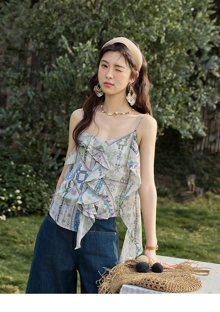 MISHOW Holiday Summer Camisole Tops Women 2025 Plaid Ruffled Layer Chiffon Floral Slimming Top Woman New Fashion MXE33X1803