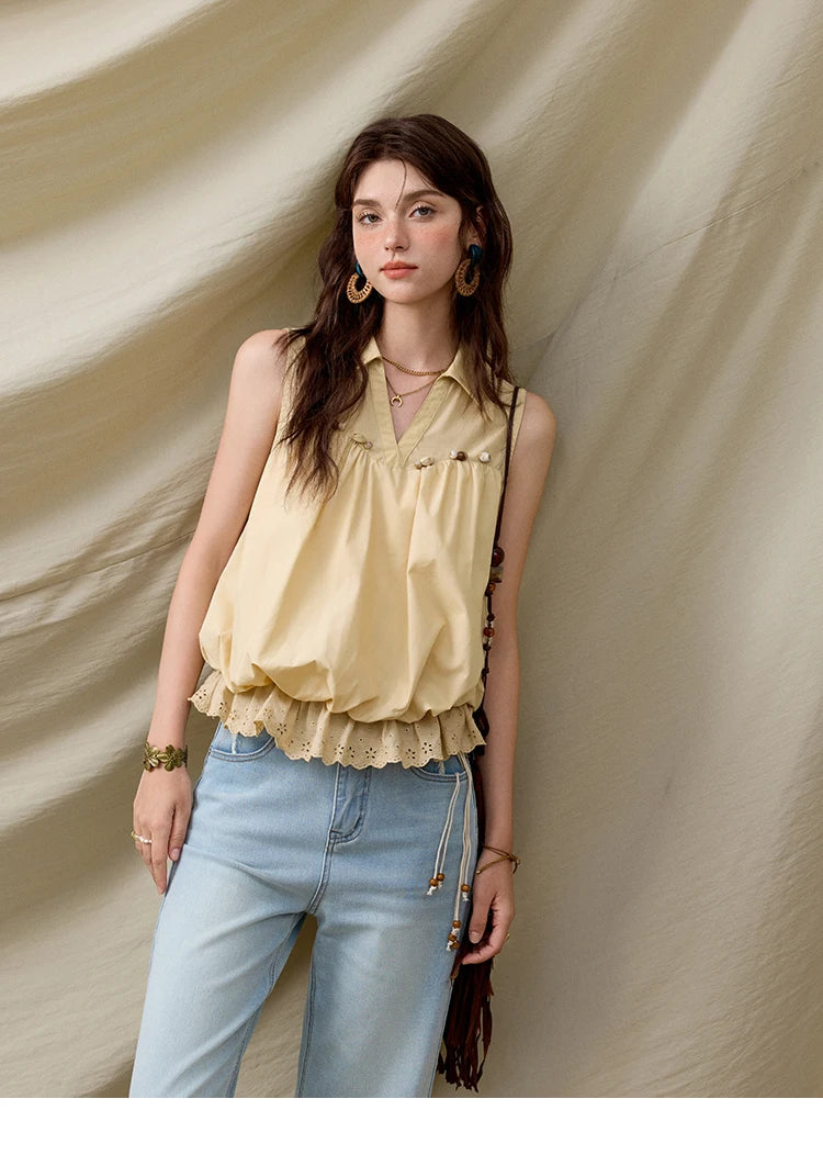 MISHOW Office Lady New Blouse Women Summer New Sleeveless Turn-down Collar Hollow Lace Shirts Female Slimming Fashion MXE31X1760