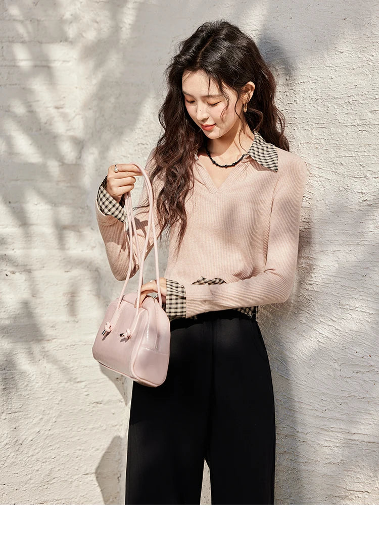 MISHOW Plaid Splicing Fake Two-piece Tops for Women Spring 2025 Contrasting Colors Slim Thin Top V-neck Casual Tees MXE13Z1108