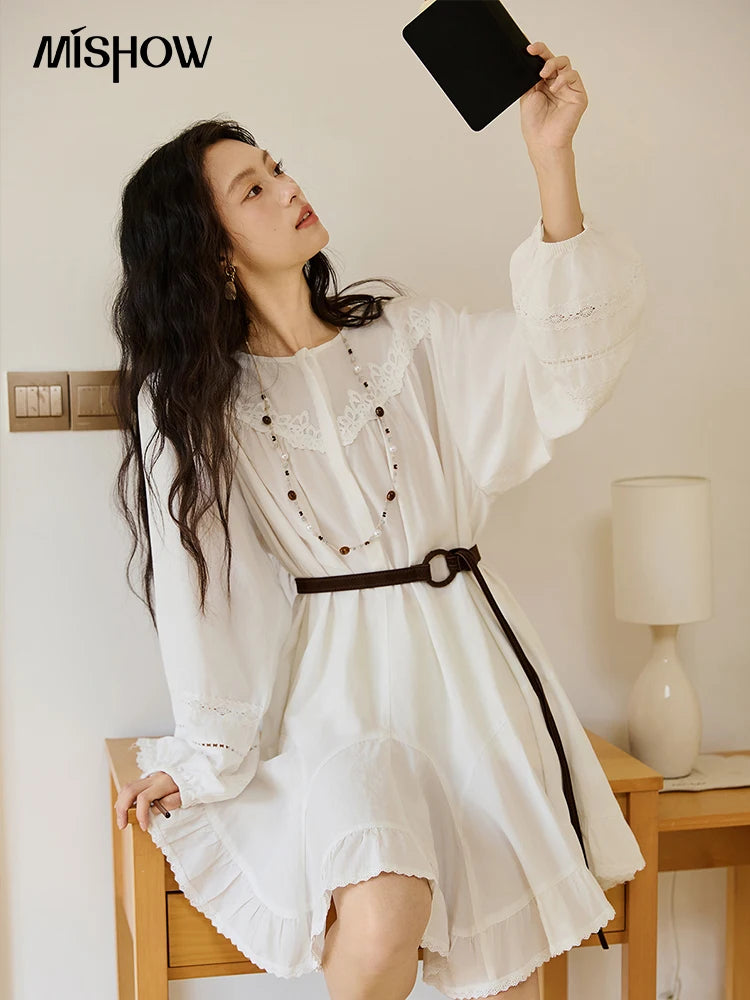 MISHOW Woman White Dress 2025 Autumn French Style O-neck Lace Ruffled Lantern Sleeves Dress Long Sleeves Party Dress MXE46L2519