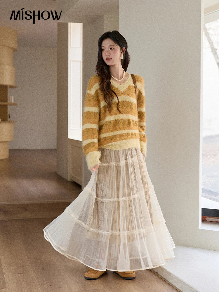 MISHOW Women's V-neck Knit Pullover Retro Yellow Striped Sweater 2025 Casual Faux Mink Jacquard Loose Knit Sweater MXE87Z2766