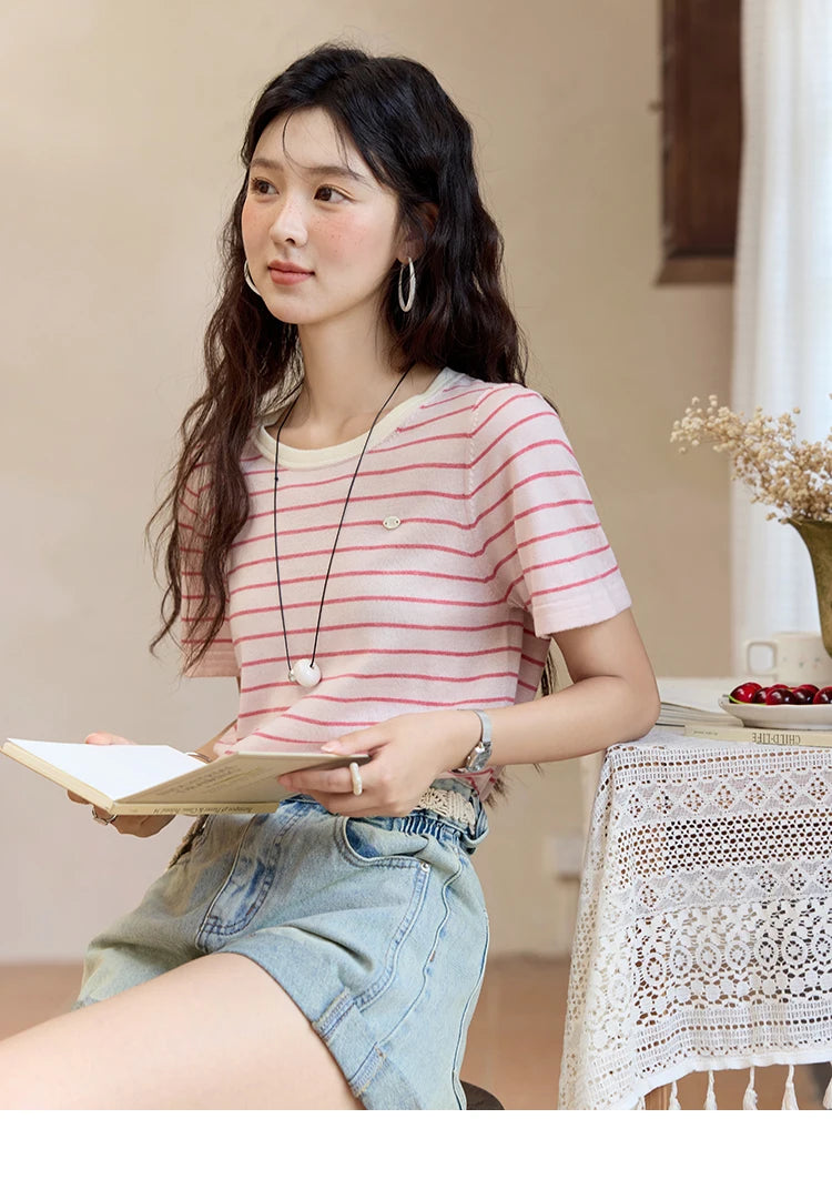 MISHOW Striped Knitted T-shirt for Women Summer 2025 Color Contrasting Round Neck Tees Wool Blended Slim Casual Top MXE35Z1270