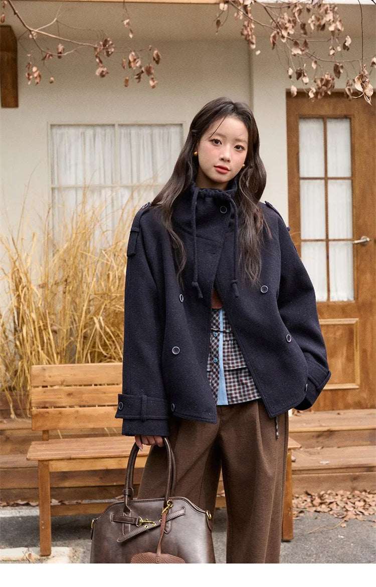 MISHOW Retro Blue Plaid Shirt for Women 2025 Autumn Winter Lapel Lantern Sleeves Ruffled Hem Top Slim Casual Shirt MXE89C2420