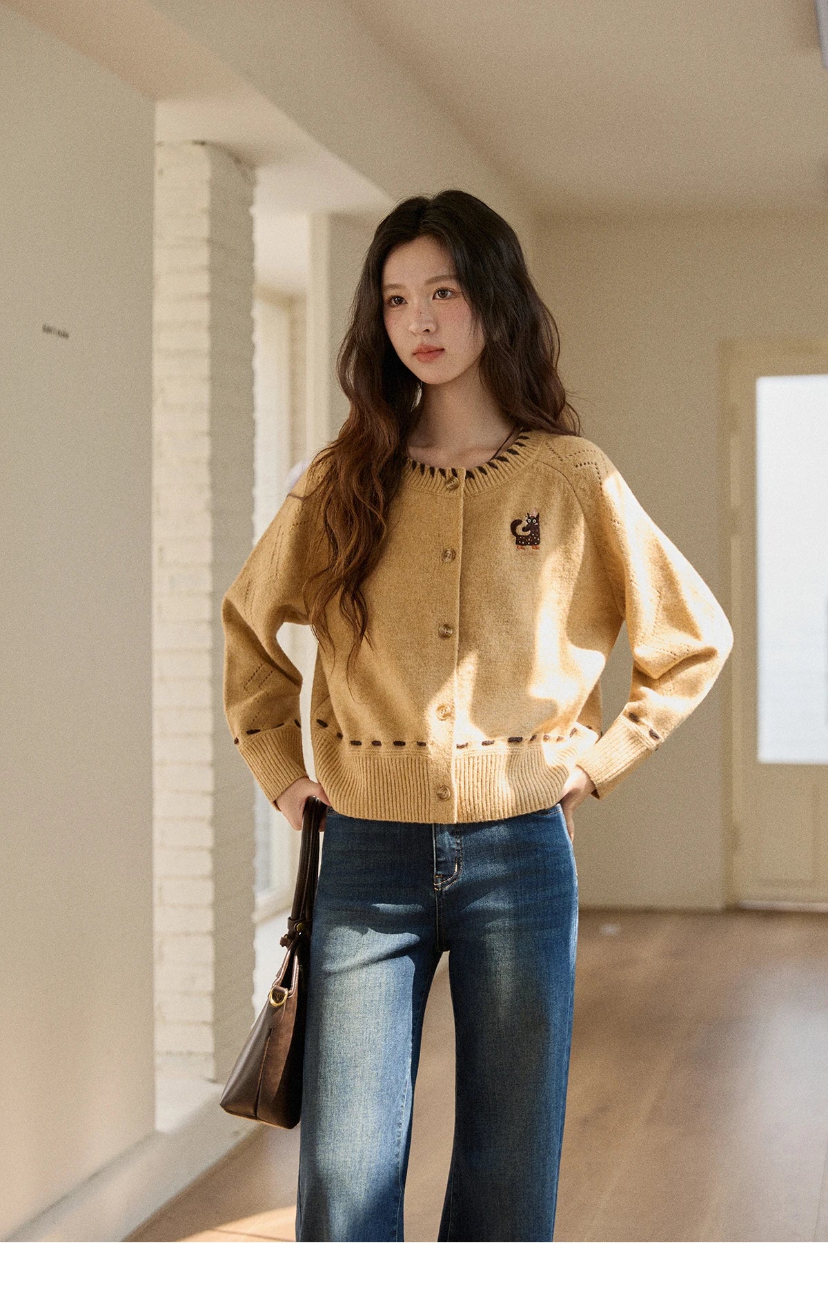 MISHOW Winter Knit Women's Cardigan 2025 New Little Fox Embroidered Sweater Retro Orange Loose Long-sleeved Tops MXE88Z2598