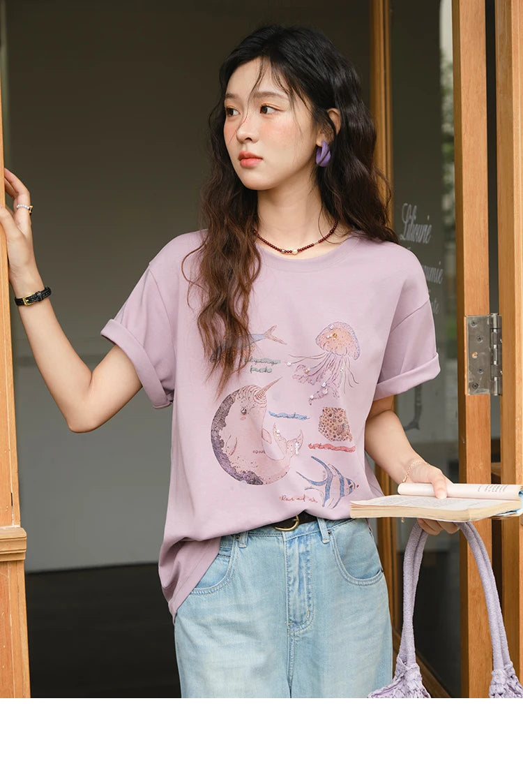 MISHOW Fashion Print T-shirts for women 2025 Summer New O-Neck Loose Casual Short Sleeve Cotton Top Female Clothing MXE36T0575