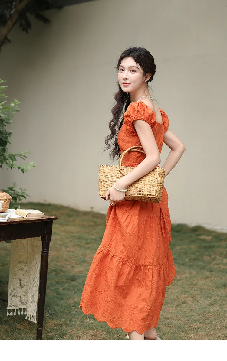 MISHOW 100 Cotton Orange Embroidered French Dress Women 2024 Summer V Neck Mid Length Dress Solid Loose A-line Dress MXD29L1931