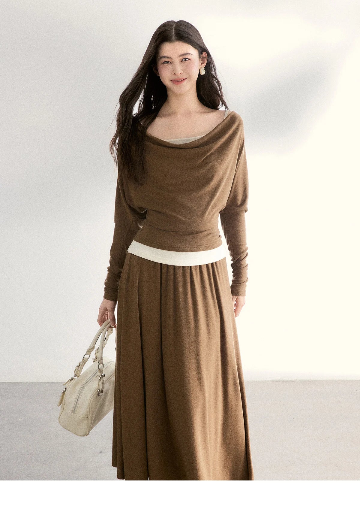 MISHOW Women's Draped Neck Tops with Camisole Two Piece Set 2026 Spring Long Sleeve Slim Casual Soft Brown Tops MXF11T1458